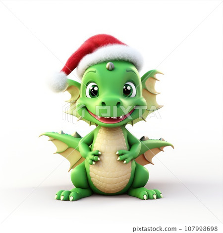Cute dragon with christmas hat isolated in White background. New Year 2024 art. Cute dragon with christmas hat isolated in White background. New Year 2024 art. 107998698
