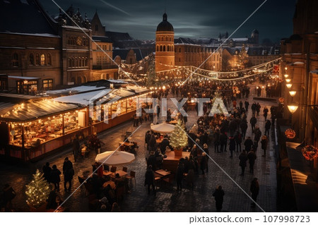 People in Christmas market, an illuminated street.Festive new year lights. 107998723