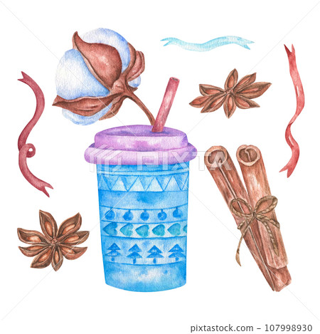 Watercolor set for your design, cinnamon, coffee, cotton Coffee and dessert clipart. Hot drinks and cafe menu design elements. Perfect for greeting cards, invitation, poster, textile, Wrapping paper 107998930