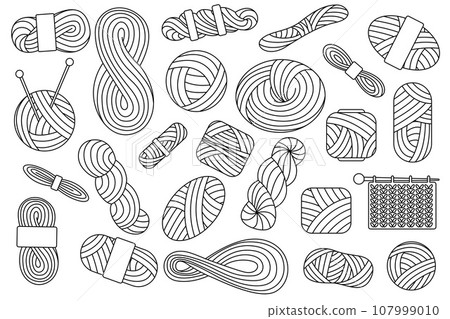 Large set of yarn black line set for crocheting, knitting needles in doodle. . Spool and bobbin outline. Dressmaking needlework tools. 107999010