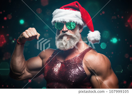 A muscular man in a Christmas hat and sunglasses. Festive lights and sparkles at the backgrounds A muscular man in a Christmas hat and sunglasses. Festive lights and sparkles at the backgrounds 107999105
