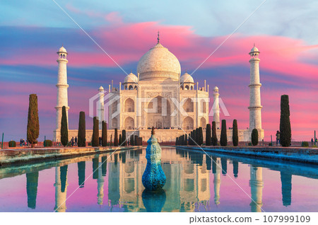 Taj Mahal main view on the sunset, famous marble mausoleum of Agra, Uttar Pradesh, India Taj Mahal main view on the sunset, famous marble mausoleum of Agra, Uttar Pradesh, India 107999109