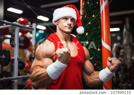 Santa Claus fitness trainer. A muscular man in a gym Santa Claus fitness trainer. A muscular man in a gym 107999110