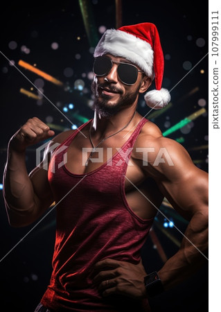 A muscular man in a Christmas hat and sunglasses. Festive lights and sparkles at the backgrounds A muscular man in a Christmas hat and sunglasses. Festive lights and sparkles at the backgrounds 107999111