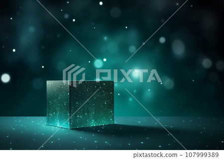 模板配有白色散景燈和深色青色背景上的方形展位。 AI生成影像 模板配有白色散景燈和深色青色背景上的方形展位。 AI生成影像 107999389