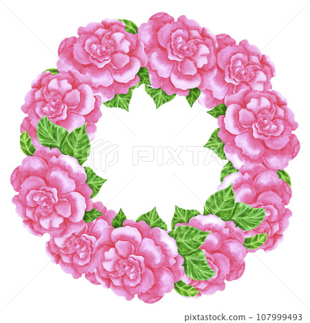 Hand drawn watercolor pink azalea wreath frame border isolated on white background. Can be used for invitation, postcard, poster, decoration and other printed products. Hand drawn watercolor pink azalea wreath frame border isolated on white background. Can be used for invitation, postcard, poster, decoration and other printed products. 107999493