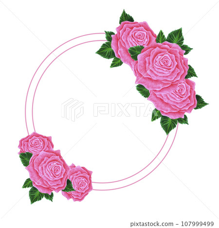 Hand drawn watercolor pink rose frame postcard isolated on white background. Can be used for invitation, poster, book decoration and other printed products. Hand drawn watercolor pink rose frame postcard isolated on white background. Can be used for invitation, poster, book decoration and other printed products. 107999499