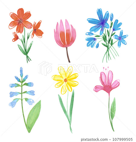 Hand drawn watercolor abstract daisy and tulip flowers bouquet isolated on white background. Can be used for cards, label, poster and other printed products. 107999505