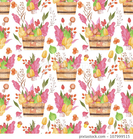 Hand drawn watercolor autumn leaves, berries and mushrooms in a basket composition seamless pattern isolated on white background. Can be used for Scrapbook, textile, fabric, gift-wrapping. 107999515