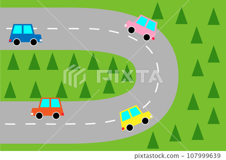 A car running around a curve on a mountain road 107999639