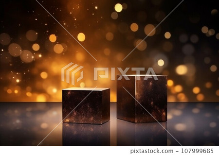 Template with golden round bokeh lights and two square display stands on a dark brown background. AI generated image 107999685