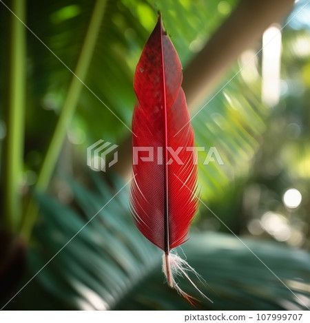 Red bird feather hangs in the air against a background of green foliage, unusual composition, natural background, bright wallpaper 107999707