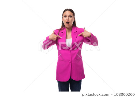 young surprised european woman with straight black hair dressed in a pink jacket on a white young surprised european woman with straight black hair dressed in a pink jacket on a white 108000200