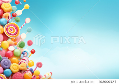 AI-generated content. different candy over a blue studio background with vibrant colors 108000321