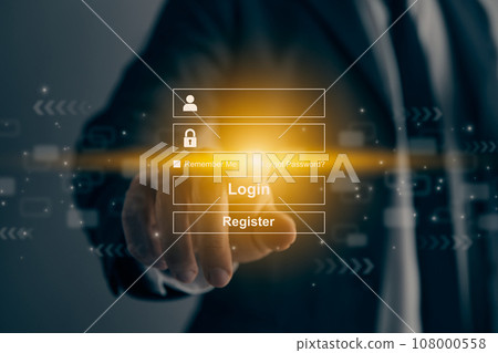 Businessman Hand Touching Username and Password Login Rectangle Interface in Vintage Tone Businessman Hand Touching Username and Password Login Rectangle Interface in Vintage Tone 108000558