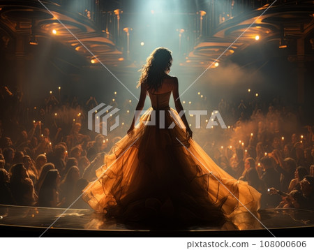 Fictional sexy woman artist on stage of luxury concert hall AI 108000606