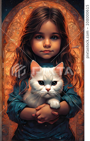 A little girl holds a Persian cat in her arms. Vertical image 108000615