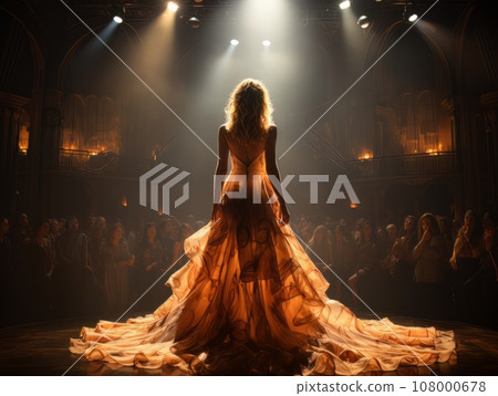 Fictional woman artist in dress struts down fashion model catwalk AI 108000678