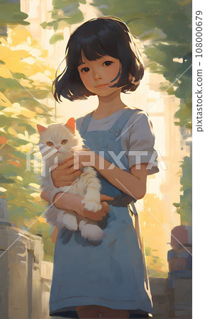 A little girl holds a Persian cat in her arms. Vertical image 108000679