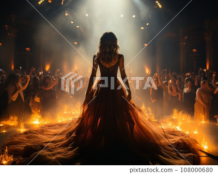 Fictional sexy woman artist on big stage of luxury concert hall AI 108000680