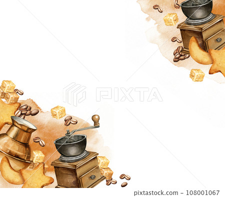 watercolor frame of coffee theme with coffee beans, coffee mull, cookies, Turkish coffee pot, hand drawn illustration, banner with watercolor splashes background, copy space for text 108001067
