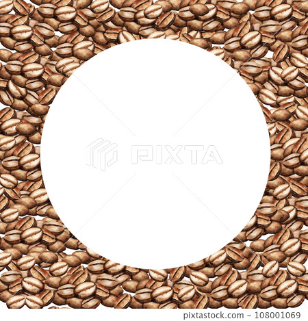 watercolor coffee beans with white circle, round frame with coffee theme, hand drawn illustration of brown coffee seeds isolated on white background 108001069