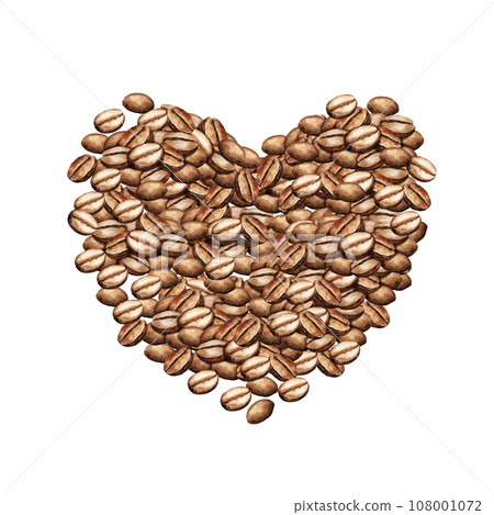 watercolor heart shape of coffee beans, round frame with coffee theme, hand drawn illustration of brown coffee seeds isolated on white background watercolor heart shape of coffee beans, round frame with coffee theme, hand drawn illustration of brown coffee seeds isolated on white background 108001072