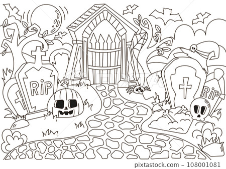 Halloween cozy cemetry with pumpkin and skull characters, creepy graves coloring page for kids and adults Halloween cozy cemetry with pumpkin and skull characters, creepy graves coloring page for kids and adults 108001081