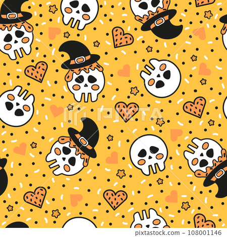 Cute halloween seamless pattern for kids with skulls wearing witch hat and sweets Cute halloween seamless pattern for kids with skulls wearing witch hat and sweets 108001146