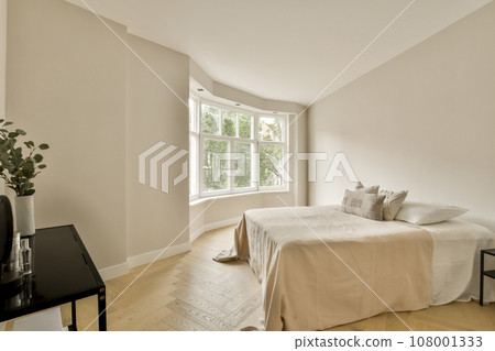 a bedroom with white walls and hardwood flooring in the room, there is a large window that looks out into the garden a bedroom with white walls and hardwood flooring in the room, there is a large window that looks out into the garden 108001333