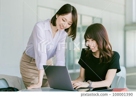 Two businesswomen having a meeting using computers Two businesswomen having a meeting using computers 108001390