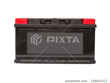black car battery closeup on a white background, front view 108001411