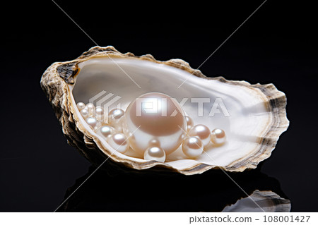 The pearls in the mussel shell on black background. Close up of a pearl nestled inside a oyster shell. 108001427
