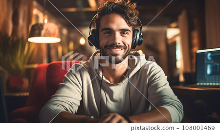 A girl podcaster streamer makes a review, audio and video in studio. A bright-looking blogger is recording a podcast A girl podcaster streamer makes a review, audio and video in studio. A bright-looking blogger is recording a podcast 108001469