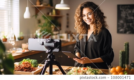 Young female food blogger recording new podcast in her home kitchen. Live cooking. Online work, modern lifestyle Young female food blogger recording new podcast in her home kitchen. Live cooking. Online work, modern lifestyle 108001471