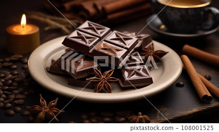 Dark chocolate bars, cinnamon sticks, anise stars on a plate, coffee beans and burning candle on wooden table, atmospheric set. Dark chocolate bars, cinnamon sticks, anise stars on a plate, coffee beans and burning candle on wooden table, atmospheric set. 108001525