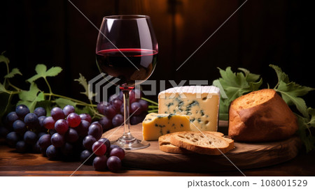 Wineglass with red wine, fresh grape vine, cut cheese with mold, sliced bread on wooden background, selected focus. Wineglass with red wine, fresh grape vine, cut cheese with mold, sliced bread on wooden background, selected focus. 108001529