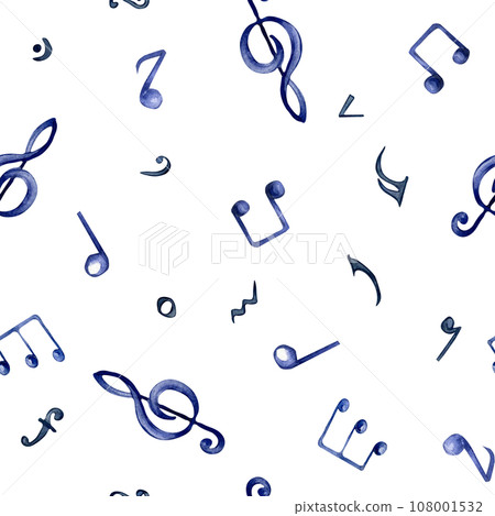 Musical note watercolor seamless pattern. Treble clef and notes isolated on white background. Endless print of musical signs hand drawn. Musical symbols hand painted. Design element for paper 108001532