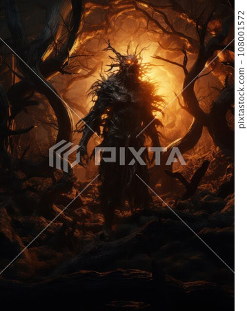 Forest hungry monster awakening at night, vertical image. Forest hungry monster awakening at night, vertical image. 108001572