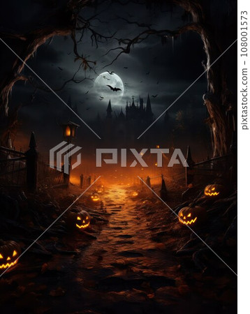 Halloween night background, the path through the old cemetery to the sinister castle, pumpkin faces, black trees at night, vertical image. Halloween night background, the path through the old cemetery to the sinister castle, pumpkin faces, black trees at night, vertical image. 108001573