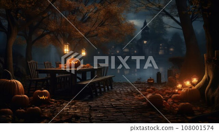 Halloween theme. Perfect place for a spooky night party night decorated with lanterns and pumpkin faces next to ancient castle. Halloween theme. Perfect place for a spooky night party night decorated with lanterns and pumpkin faces next to ancient castle. 108001574