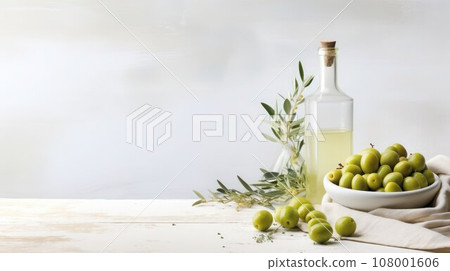 Natural olive oil in a glass bottle and green olives with leaves on a table, Provence style, copy space. Natural olive oil in a glass bottle and green olives with leaves on a table, Provence style, copy space. 108001606