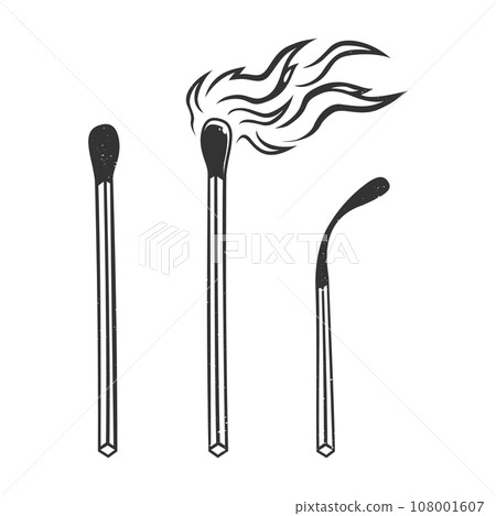 Matches. Set of vector illustrations: burning match with fire, opened matchbox, burn matchstick isolated on white. Simple symbol of ignition, burning and withering 108001607
