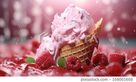 Delicious waffle cone with pink ice cream among ripe raspberries, close-up, selective focus. 108001608