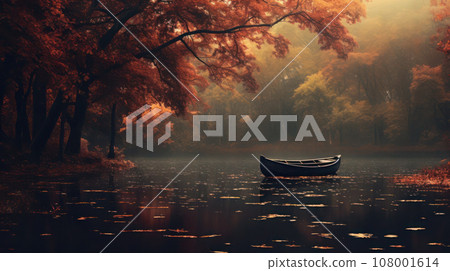 Beautiful autumn landscape, lonely boat in the middle of a pond surrounded by trees. Beautiful autumn landscape, lonely boat in the middle of a pond surrounded by trees. 108001614