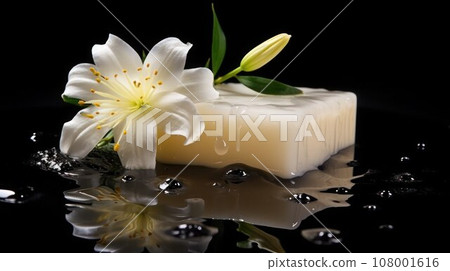 Ivory natural soap with white beautiful lily flower and water drops on wet shiny black surface, close-up, selective focus. Ivory natural soap with white beautiful lily flower and water drops on wet shiny black surface, close-up, selective focus. 108001616