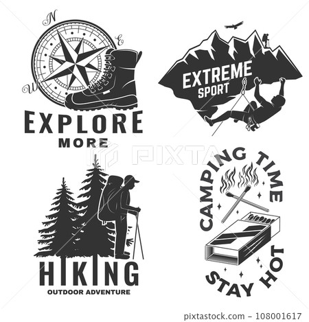 Set of outdoor adventure sticker. Vector illustration. Concept for shirt or logo, print, stamp, patch or tee. Vintage typography design with forest pine tree, hiker, climber and mountain silhouette Set of outdoor adventure sticker. Vector illustration. Concept for shirt or logo, print, stamp, patch or tee. Vintage typography design with forest pine tree, hiker, climber and mountain silhouette 108001617
