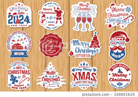 Set of Merry Christmas and 2024 Happy New Year stamp, sticker Set quotes with snowflakes, snowman, santa claus, candy, sweet candy, cookies. Vector Vintage typography design for xmas, new year emblem 108001620