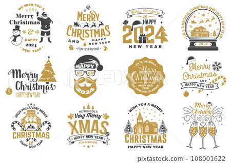 Set of Merry Christmas and 2024 Happy New Year stamp, sticker Set quotes with snowflakes, snowman, santa claus, candy, sweet candy, catholic church. Vector. Vintage typography design for xmas, new Set of Merry Christmas and 2024 Happy New Year stamp, sticker Set quotes with snowflakes, snowman, santa claus, candy, sweet candy, catholic church. Vector. Vintage typography design for xmas, new 108001622