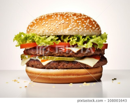 Traditional hamburger on white shiny surface, close-up. Traditional hamburger on white shiny surface, close-up. 108001643